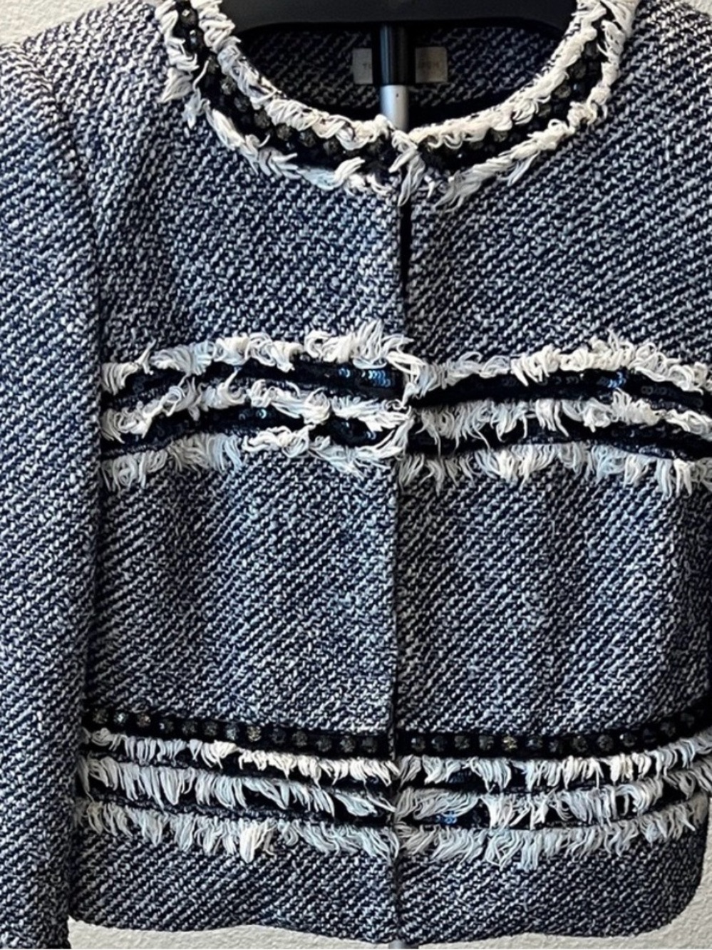 Tory Burch Rosemary Tweed Jacket 
Size 10 Navy Blue Fringe
Sequin Crop Blazer
